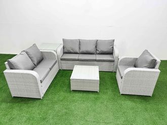 Fimous Patio PE Wicker 6 Seater Outdoor Rattan Furniture Sofa Sets w/ Square Coffee Table Reclining Chair Loveseat Sofa 3 Seater Sofa Side Table
