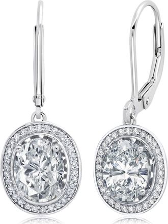 MAX + STONE 925 Sterling Silver Cubic Zirconia Halo Oval Dangle Leverback Earrings