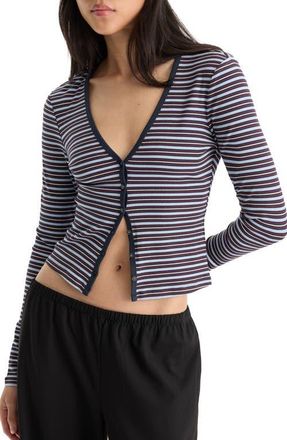 Good American The Rib V-Neck Striped Cardigan in Ivy Stripe at Nordstrom, Size X-Small