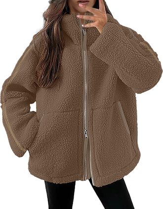 Generic Teddy Fleece Jacket Women Full Zip Lightweight with Pockets Womens Jackets Fluffy Ladies Fall Autumn Winter Warm Coat Zipper Solid Plush Long Sleeve C