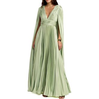 Mac Duggal Pleated Charmeuse V-Neck Gown with Cape Sleeves in Sage at Nordstrom, Size 12