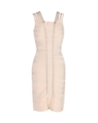Hérve Léger Gemma Metal Chain Link Detail Bandage Dress in Nude Rayon