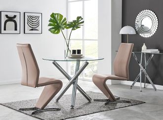 Furniturebox Selina Round Glass & Chrome Metal Dining Table & Luxury Willow Chairs Set in Beige | Size: 2 Person