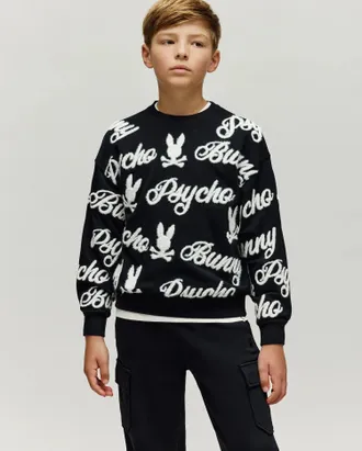 Psycho Bunny Kids Skylar All Over Fuzzy Crew 001 BLACK / M/10-12