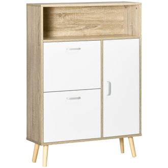HOMCOM Zapatero Para 8 Pares Con 2 Cajones Abatibles, Barra Para Colgar Ropa Y Estante, 80 X 25,5 X 112,5 Cm, Color Natural Y Blanco