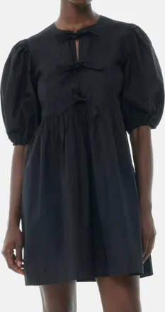 Ganni Cotton Poplin Tie String Mini Dress In Black
