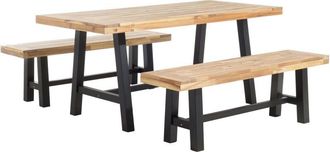 Beliani Conjunto De Comedor De Jard&iacute;n Con Tablero De Madera Clara Y Patas Negras 3 Piezas Mesa Rectangular De Madera De Acacia 2 Bancos Scania