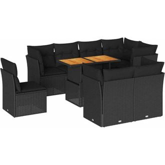 vidaXL Set De Sof&aacute;s De Jard&iacute;n Con Cojines 9 Pzas Rat&aacute;n Sint&eacute;tico Negro