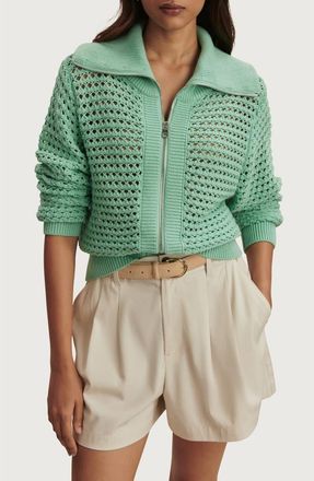 Varley Eloise Open Stitch Cotton Zip-Up Cardigan in Dusty Jade Green at Nordstrom, Size X-Small