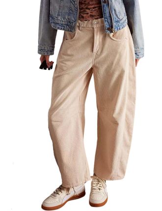 Generic Womens Corduroy Pants Barrel Mid-Rise Elastic Waist Cord Pants, Casual Baggy Comfy Wide Leg Corduroy Pants with Pockets (Beige,XL)