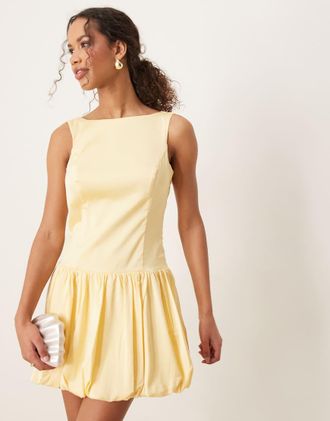 Abercrombie & Fitch high neck sleeveless bubble hem open back mini dress in yellow