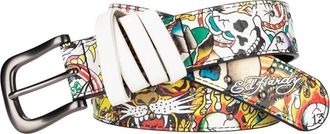 Ed Hardy Mens 38mm All Over Print Hammered Stud Belt, White, 38