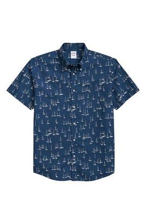 Brooks Brothers Boat Print Short Sleeve Cotton Button-Down Shirt in Blue/White at Nordstrom Rack, Size Medium