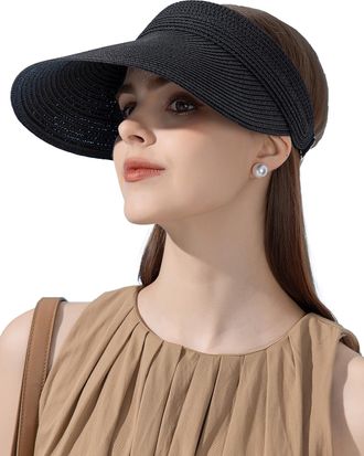 Feoya Women Wide Brim Straw Visor Sun Hat UV Protection Beach Summer Cap Adjustable Ponytail Hole Beach Hat Packable Outdoor Vacation Straw Golf Cap Black O