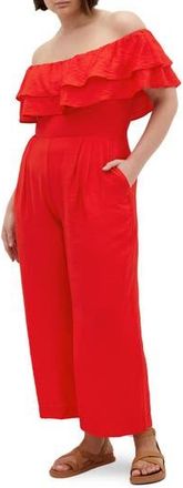 City Chic Poppy Ruffle Off the Shoulder Jumpsuit in Sunset at Nordstrom Rack, Size Xs/14W
