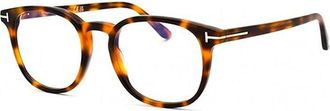Tom Ford Eyeglasses Round Full Rim, Shiny Blonde Havana Frame And Clear Blue Light Block Lens Ft5819-B053