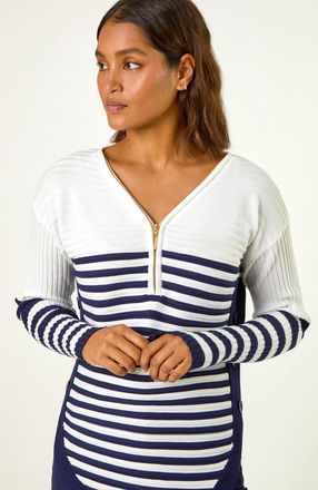 Roman Stripe Zip Front Ribbed Knit Jumper
