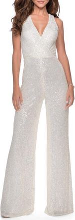 La Femme Long Sequin Jumpsuit with Criss Cross Back in White at Nordstrom, Size 00
