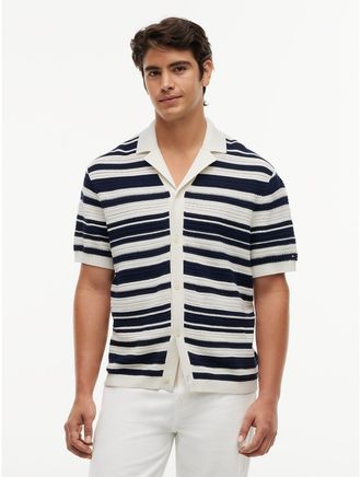 Tommy Hilfiger Mens Regular Fit Striped Shirt Cardigan - Ivory Petal/Navy - XL