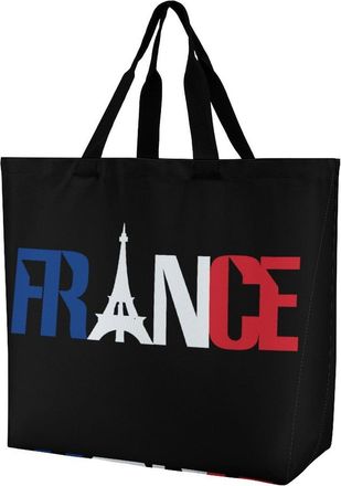 Generic France Flag E-iffel Tower Large Reusable Shopping Bag Lightweight Foldable Tote Bags Washable Shoulder Handbag