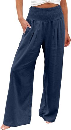 Generic Womens Golf Trousers Cotton Linen Trousers Womens Summer Casual Elastic High Waist Long Pants with Pockets Fashion Straight Palazzo Wide Leg Tummy Con