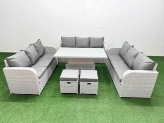 Fimous PE Rattan Lounge Sofa Set 11 Seater Outdoor Garden Furniture Set w/ Adjustable Lifting Dining or Coffee Table 3 Seater Sofa 2 Stools Light Grey