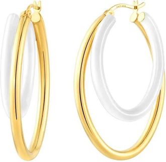 Gold & Honey Womens Enamel Double Oval Hoop Earrings In White