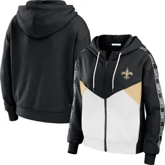 WEAR by Erin Andrews Womens WEAR by Erin Andrews Black/White New Orleans Saints Color Block Light Weight Modest Crop Full-Zip Hoodie at Nordstrom, Size Xx-Large