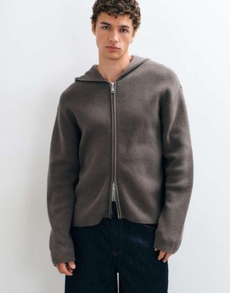 Weekday felpa con cappuccio e zip boxy fit con toppe ai gomiti in talpa scuro-Marrone