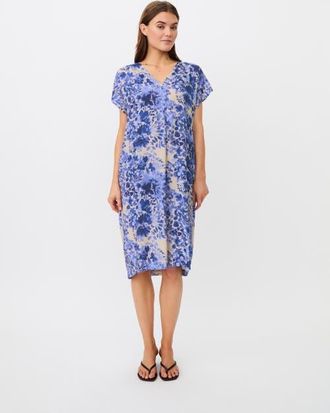 Masai MaOdetto V-Neck Floral Midi Tunic Dress in Medieval Blue at Nordstrom, Size X-Large
