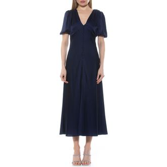 Alexia Admor Lorelei V-Neck Bubble Sleeve Midi Dress in Navy at Nordstrom Rack, Size 10