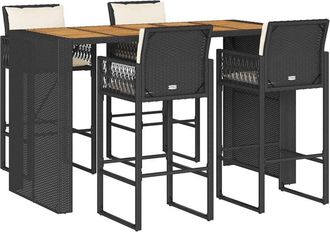 vidaXL 5 Piece Garden Bar Set with Cushions Black Poly Rattan Acacia vidaXL