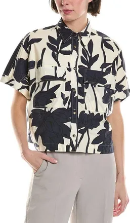 Brunello Cucinelli Womens Panama Blue Floral Short-Sleeve Shirt, Size XL
