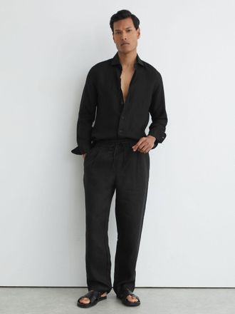 Reiss Black Linen Relaxed-fit Drawstring Trousers, 34