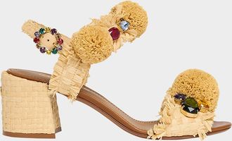 Dolce & Gabbana Raffia Pom Pom Gem Block-Heel Sandals