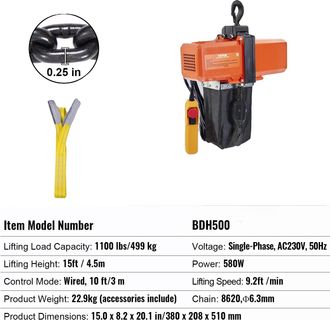 OEM Polipastos El&eacute;ctricos De Cadena, Capacidad De 1100 Lb, Control Por Cable, 1100 Lb