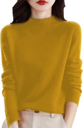 Generic Cashmere Sweaters for Women Cashmere Crew Neck Long Sleeve Soft Pullover Sweater Tops Solid Knit Pullover Sweater (Light Yellow,S)