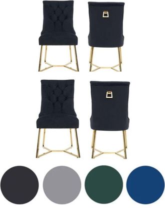 Life Interiors Set of 4 Black Ambra Modern Velvet Dining Chairs with Gold Legs & Ring Handle - Tufted Back, Plush Foam Seat, Luxury Accent Chair