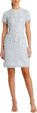 Mac Duggal Floral Buttons and Pearl Detailing Boucle Shift Dress in Blue Multi at Nordstrom, Size X-Small