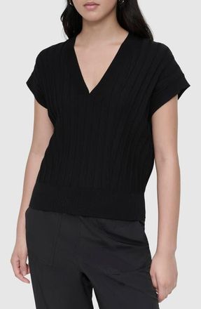 DKNY Rib Short Sleeve Sweater in Black at Nordstrom, Size X-Large