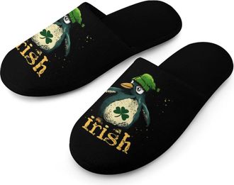 Generic Penguin St Patricks Day Irish Warm Mens Slippers Slip On Soft Fleece House Shoes Winter Indoor Outdoor