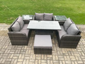 Fimous Rattan Garden Outdoor Furniture 3 PC Love Sofa Set Patio Adjustable Rising lifting Dining Table With 2 Side Tables Big Footstool in Dark Grey