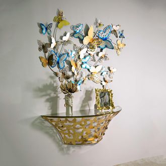 Dmora Consola Azrou, Un Estante, Base Decorada Con Mariposas, Estructura De Vidrio, 120x41x37h Cm, Dorado