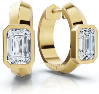 Pompeii3 1 1/3Ct Emerald Cut Brava Bezel Diamond Hoops 5/8 Huggies 14k Gold Lab Grown