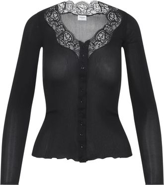 Saint Laurent Cardigans, female, Black, M, Laced Cardigan in Ribbed Silk