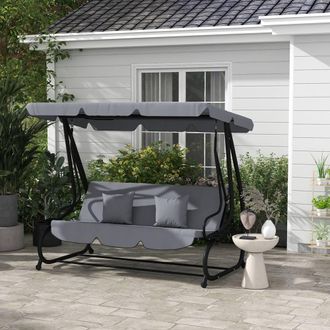 OUTSUNNY 2-in-1 Garden Swing Chair for 3 Person w/ 2 Pillows, Dark Grey | Size: 3 Seater