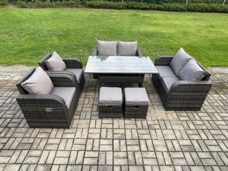 Fimous 8 Seater Lounge Rattan Sofa Set Outdoor Garden Furniture Oblong Rectangular Dining Table With Chairs 2 Small Footstools Dark Grey Mixed