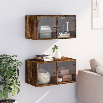 Berkfield Home Wall Cabinets with Glass Doors 2 pcs Smoked Oak 68.5x37x35 cm in Brown