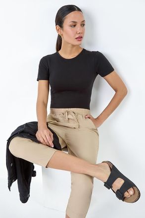 Roman Cotton Elastic Waist Cropped Cargo Trousers