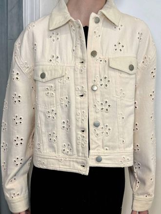 Saylor Daisy Eyelet Denim Jacket In Beige